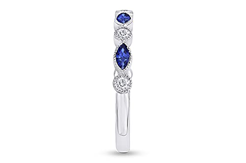 Anillo de boda de diamante natural blanco de corte redondo de 1/6 quilates con zafiro azul marquesa en oro de 18 quilates sobre plata esterlina (0,18 quilates, claridad I2), Diamond Sapphire,