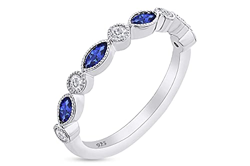 Anillo de boda de diamante natural blanco de corte redondo de 1/6 quilates con zafiro azul marquesa en oro de 18 quilates sobre plata esterlina (0,18 quilates, claridad I2), Diamond Sapphire,