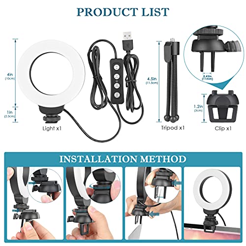 Anillo de Luz Videoconferencia, 4" Aro de Luz con Trípode y Clip para Laptops, Webcam, Cámaras y Teléfonos Móviles, 3 Modos de Iluminación y 10 Brillos