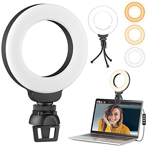 Anillo de Luz Videoconferencia, 4" Aro de Luz con Trípode y Clip para Laptops, Webcam, Cámaras y Teléfonos Móviles, 3 Modos de Iluminación y 10 Brillos