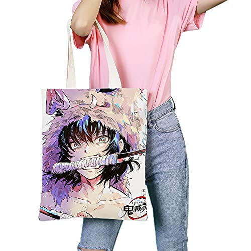 Anime Demon Slayer Bolsa de lona de hombro de doble cara de dibujos animados de moda bolsa de hombro con cremallera bolsa para el dolor, Purple, Medium