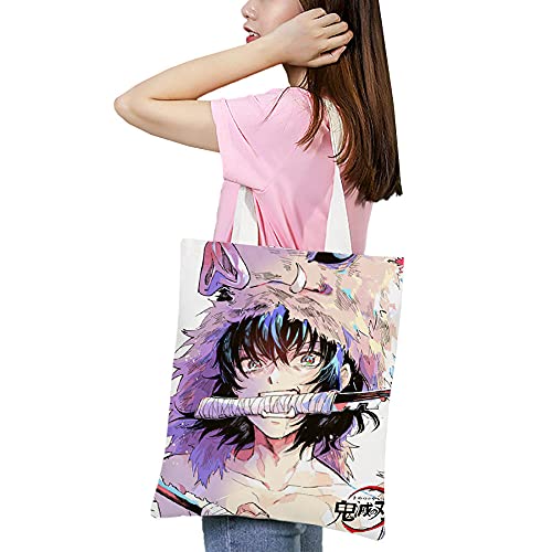 Anime Demon Slayer Bolsa de lona de hombro de doble cara de dibujos animados de moda bolsa de hombro con cremallera bolsa para el dolor, Purple, Medium