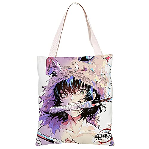 Anime Demon Slayer Bolsa de lona de hombro de doble cara de dibujos animados de moda bolsa de hombro con cremallera bolsa para el dolor, Purple, Medium