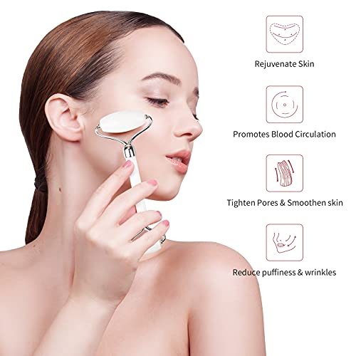 AnjoCare Rodillo de Jade y Gua Sha, Set de Masaje Facial en Piedra de Jade Blanco 100% Natural, Rodillo Facial para el Cuidado de la Piel, Tratamiento de Bolsas para los Ojos y Rejuvenecedor de Cuello