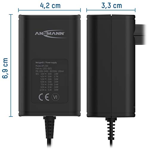 ANSMANN APS 300 - Fuente de alimentación (12 V, Enchufe hasta máx. 300 mA, con 7 adaptadores universales, Adaptador para alimentación de Muchos aparatos eléctricos de 3-12 V, Regulable)