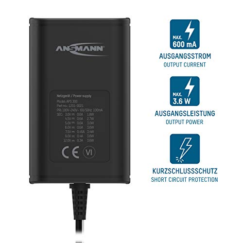 ANSMANN Cargador universal APS 300 para aparatos electrónicos - Con potencia eléctrica de 3.6 W - 7 conectores de recambio - Fuente de alimentación