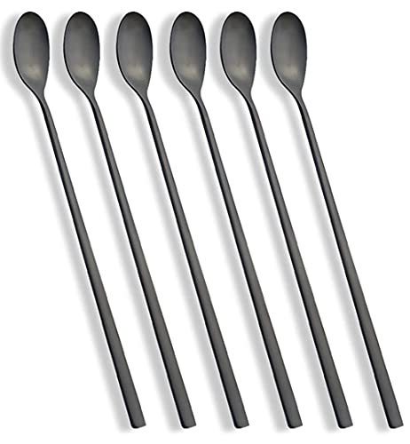 AOOSY Paquete de 6 cucharas de café con Leche Mango Largo Mezclador de Helado de Acero Inoxidable Cuchara para Mezclar Ideal para café Helado Té Helado Leche para batir Helado sundeas(negro)