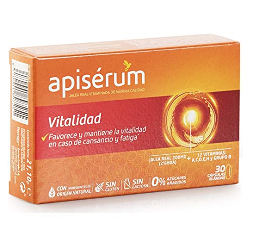 Apisérum Vitalidad Cápsulas - Jalea Real con Vitamina C - Multivitamínico - Vitaminas A,C,D,E,H y grupo B - Ayuda a reforzar el sistema inmunitario* - Tratamiento para 1 mes