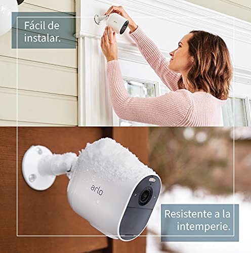 Arlo Essential Spotlight, 3 cámaras vigilancia WiFi 1080p, detector de movimiento, visión nocturna en color, audio bidireccional, 180 días de batería, no necesita SmartHub, funciona con Alexa, Blanco