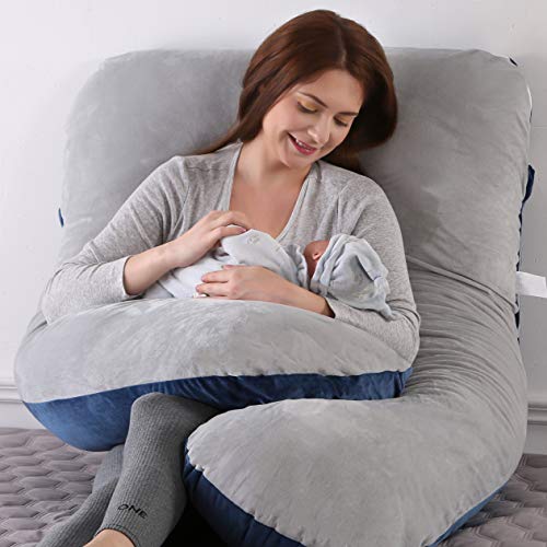 ARNTY Almohada Embarazada Dormir,Almohada de Maternidad Forma u,Embarazo Almohada de Cuerpo Mejorar Sueño, con Funda Extraíble y Lavable (Terciopelo-Azul &Light Grey)