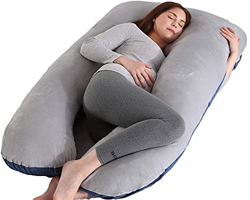 ARNTY Almohada Embarazada Dormir,Almohada de Maternidad Forma u,Embarazo Almohada de Cuerpo Mejorar Sueño, con Funda Extraíble y Lavable (Terciopelo-Azul &Light Grey)