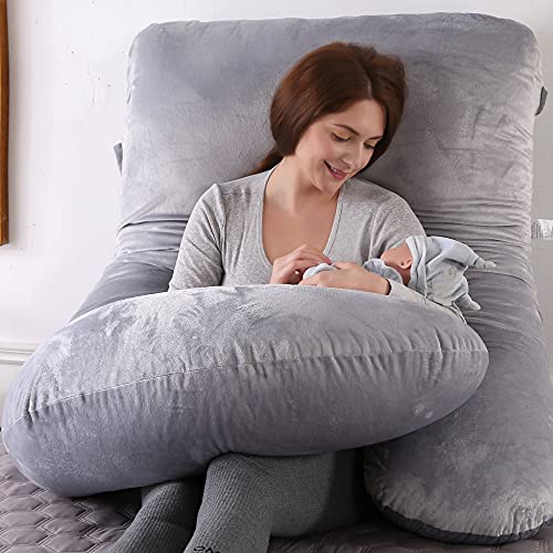 ARNTY Almohada Embarazada u Dormir,Almohada para Embarazadas,Almohada de Maternidad con Funda Extraíble y Lavable para Espalda,Dormir Y Alimentarse (Terciopelo-Gris Claro)