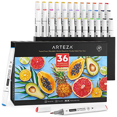 Arteza Everblend Rotuladores de arte, set de 36 colores, Tonos Trópicos, tinta a base de alcohol, doble punta (fina y biselada), rotuladores para pintar, colorear, dibujar, con caja organizadora