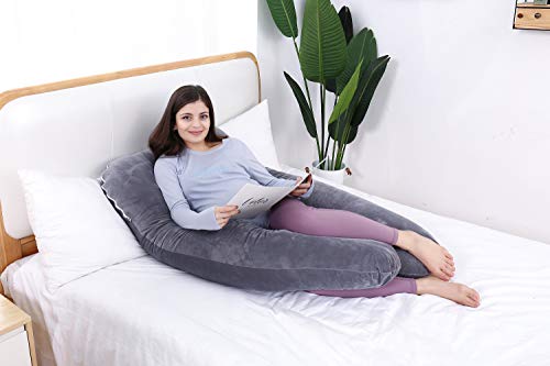 AS AWESLING Almohada de embarazo, almohada de cuerpo completo en forma de U, almohada de lactancia, apoyo y maternidad para mujeres embarazadas con funda de terciopelo extraíble (gris)