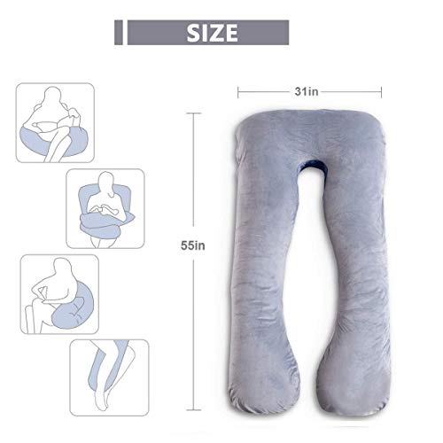 AS AWESLING Almohada de embarazo, almohada de cuerpo completo en forma de U, almohada de lactancia, apoyo y maternidad para mujeres embarazadas con funda de terciopelo extraíble (gris)