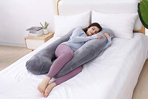 AS AWESLING Almohada de embarazo, almohada de cuerpo completo en forma de U, almohada de lactancia, apoyo y maternidad para mujeres embarazadas con funda de terciopelo extraíble (gris)