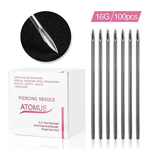 ATOMUS 100 agujas para piercing esterilizadas 16 G para oreja ombligo pezón agujas desechables de acero quirúrgico inoxidable