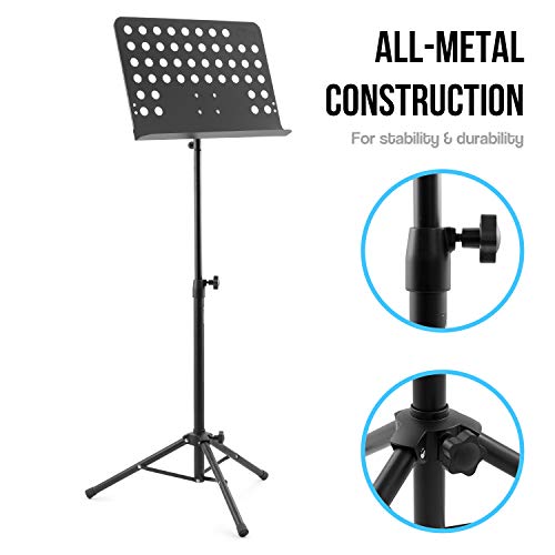 Atril de partituras para orquesta Tiger MUS7-BK, de construcción totalmente metálica - Soporte para partituras totalmente ajustable, Negro