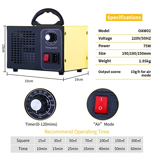 ATWFS Industrial Generador de Ozono, 48.000 mg / h 60.000 mg / h Desodorizador de Ozono con Temporizador de 60 Minutos, Limpia Más de 300㎡ (Amarillo, 60000mg/H)