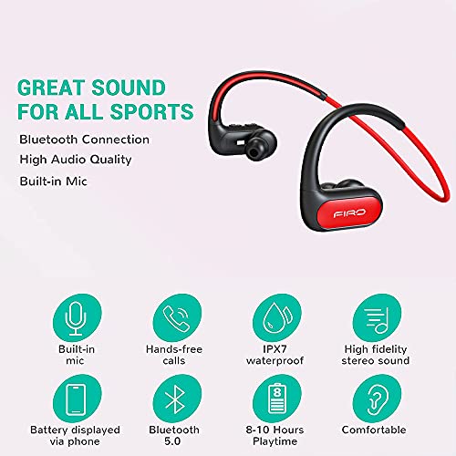 Auriculares inalámbricos, banda para el cuello, auriculares Bluetooth IPX8, impermeables, con cancelación de ruido, auriculares deportivos para correr, ciclismo, gimnasio, agua de buceo (rojo)