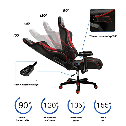 AutoFull Silla Gaming Ergonómica Silla de Oficina Silla Gamer Cuero de PU Silla de Escritorio,Altura e inclinación Ajustables,Reposacabezas y Soporte Lumbar,Rojo (garantía de Tres años)