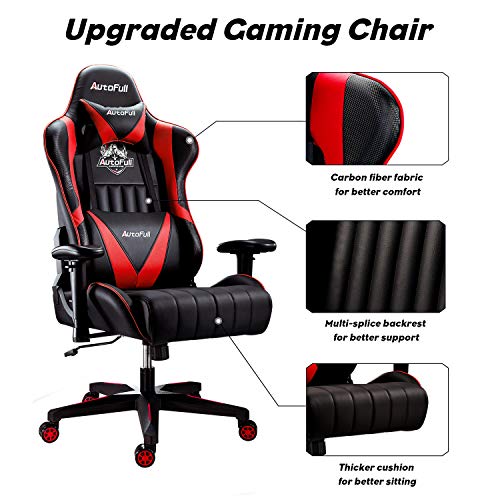 AutoFull Silla Gaming Ergonómica Silla de Oficina Silla Gamer Cuero de PU Silla de Escritorio,Altura e inclinación Ajustables,Reposacabezas y Soporte Lumbar,Rojo (garantía de Tres años)