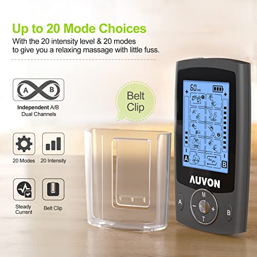 AUVON TENS EMS Electroestimulador Digital, de doble canal para aliviar el dolor, electroestimulador TENS de unidad con 20 modos, 10 piezas de electrodos premium de 2"x 2" con diseño patentado (negro)