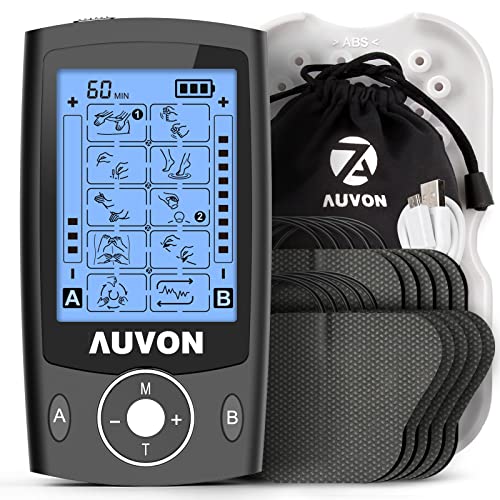 AUVON TENS EMS Electroestimulador Digital, de doble canal para aliviar el dolor, electroestimulador TENS de unidad con 20 modos, 10 piezas de electrodos premium de 2"x 2" con diseño patentado (negro)