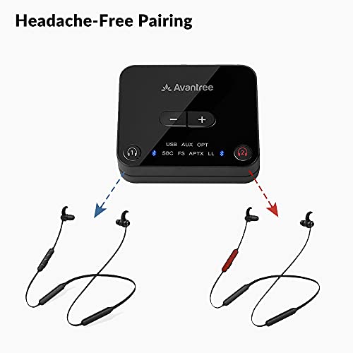 Avantree HT41866 Bluetooth 5.0 Auriculares inalámbricos duales para TV transmisor Soporte Auriculares Casco, con Banda el Cuello 20hrs, Control Volumen Personalizado, Enchufe juegue, sin retardo Audio