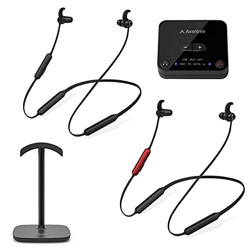 Avantree HT41866 Bluetooth 5.0 Auriculares inalámbricos duales para TV transmisor Soporte Auriculares Casco, con Banda el Cuello 20hrs, Control Volumen Personalizado, Enchufe juegue, sin retardo Audio