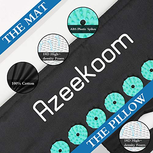 Azeekoom Esterilla de Acupresión, Kit de Masaje con Almohada y 2 pcs Bolas de Masaje, para Aliviar el Dolor de Espalda/Cuello/Pie y la Relajación Muscular con Bolsa de Transporte