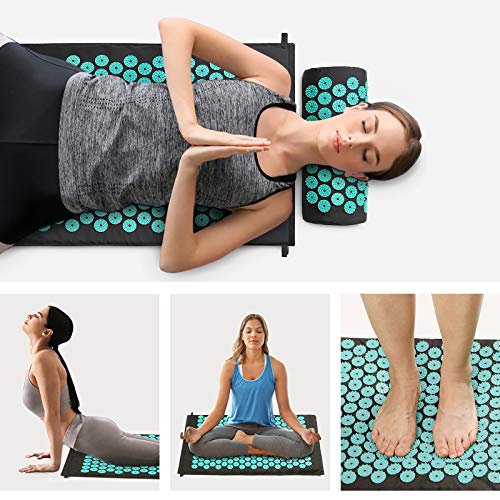 Azeekoom Esterilla de Acupresión, Kit de Masaje con Almohada y 2 pcs Bolas de Masaje, para Aliviar el Dolor de Espalda/Cuello/Pie y la Relajación Muscular con Bolsa de Transporte