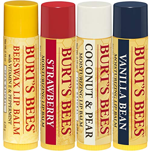 Bálsamo labial hidratante de origen 100 % natural Best of Burt's Bees. Pack múltiple con cera de abejas original, fresa, coco y pera y vainilla con cera de abejas y extractos de frutas - 4 tubos