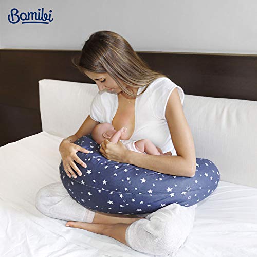 Bamibi® Almohada Embarazada y Cojín Interno Multifuncional, Cojín Lactancia Bebé. Fundas de Algodón, Relleno de Poliéster. Protector Cuna, Lavable (Estrellas)