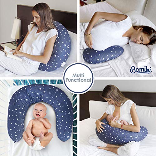 Bamibi® Almohada Embarazada y Cojín Interno Multifuncional, Cojín Lactancia Bebé. Fundas de Algodón, Relleno de Poliéster. Protector Cuna, Lavable (Estrellas)