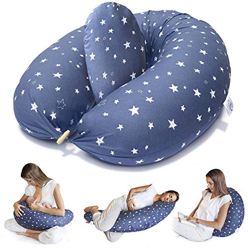 Bamibi® Almohada Embarazada y Cojín Interno Multifuncional, Cojín Lactancia Bebé. Fundas de Algodón, Relleno de Poliéster. Protector Cuna, Lavable (Estrellas)