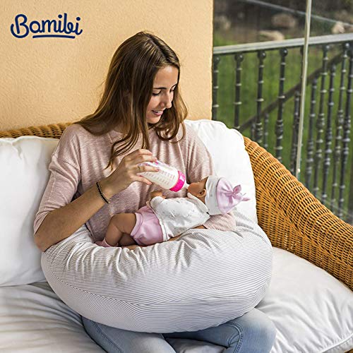 Bamibi® Almohada Embarazada y Cojín Interno Multifuncional, Cojín Lactancia Bebé. Fundas de Algodón, Relleno de Poliéster. Protector Cuna, Lavable (Lineas)