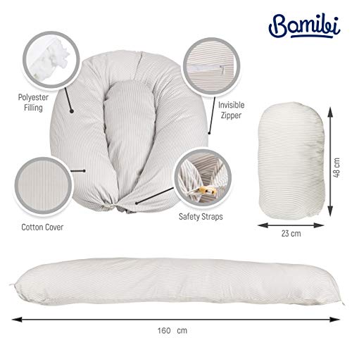 Bamibi® Almohada Embarazada y Cojín Interno Multifuncional, Cojín Lactancia Bebé. Fundas de Algodón, Relleno de Poliéster. Protector Cuna, Lavable (Lineas)