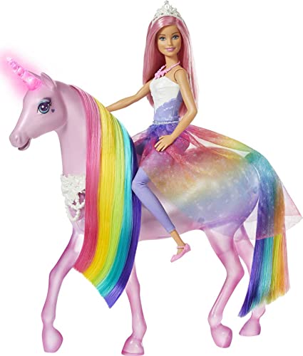 Barbie - Dreamptopia Muñeca con pelo rosa y su unicornio luces mágicas (Mattel GWM78),Embalaje sostenible