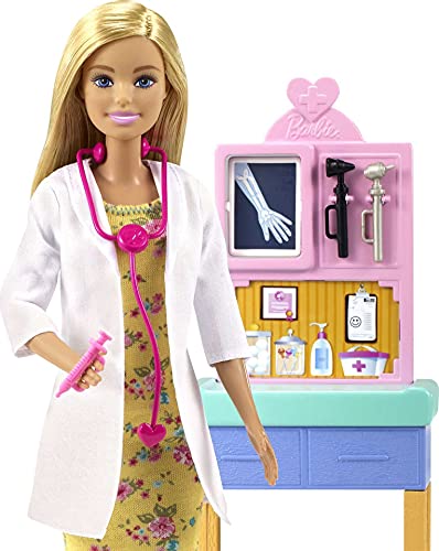 Barbie Pediatra Muñeca rubia doctora con bebé, consulta médica de juguete y accesorios (Mattel GTN51)