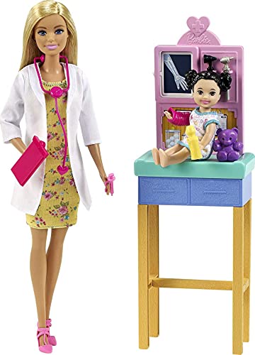 Barbie Pediatra Muñeca rubia doctora con bebé, consulta médica de juguete y accesorios (Mattel GTN51)