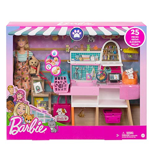 Barbie Tienda de mascotas Muñeca con establecimiento de animales y accesorios para mascotas de juguete (Mattel GRG90)