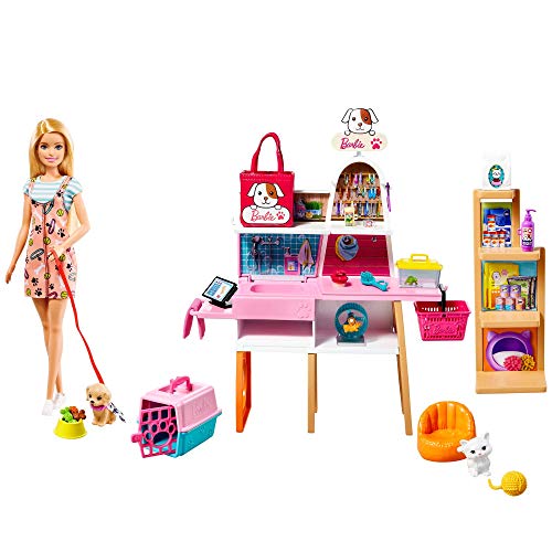 Barbie Tienda de mascotas Muñeca con establecimiento de animales y accesorios para mascotas de juguete (Mattel GRG90)