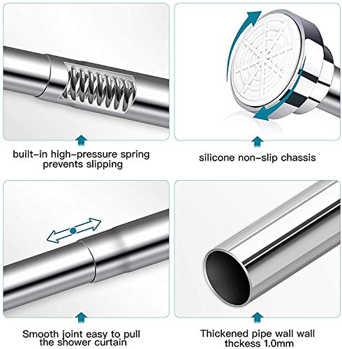 Barra telescópica para cortina de ducha, fijada firmemente sin taladrar, ajustable en longitud, se puede utilizar como barra de cortina de ducha, barra de tendedero, equipada con 12 anillos de ducha