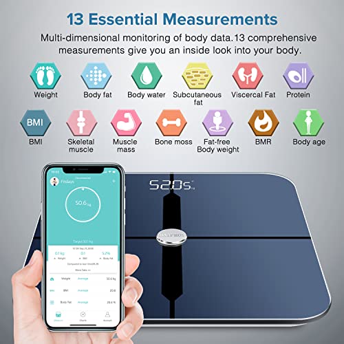 Báscula de baño digital BAIFROS Báscula inteligente Bluetooth con tecnología ITO con 13 datos de medición con aplicación para teléfono inteligente, 180 kg / 400 lb