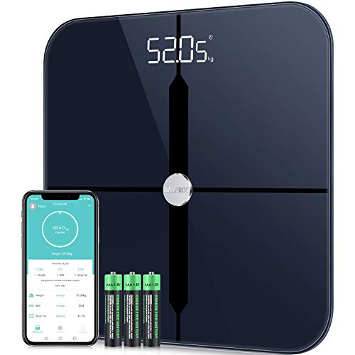 Báscula de baño digital BAIFROS Báscula inteligente Bluetooth con tecnología ITO con 13 datos de medición con aplicación para teléfono inteligente, 180 kg / 400 lb