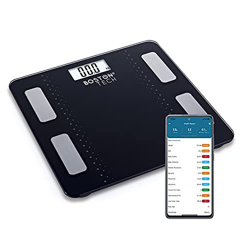 Báscula de Baño Digital Inteligente Alta precisión, Diagnóstico Peso Corporal Masa Muscular y Ose, Grasa Corporal y Agua corporal, metabolismo y BMP Max.180kg para Andriod y iOS Negra Modelo ME109