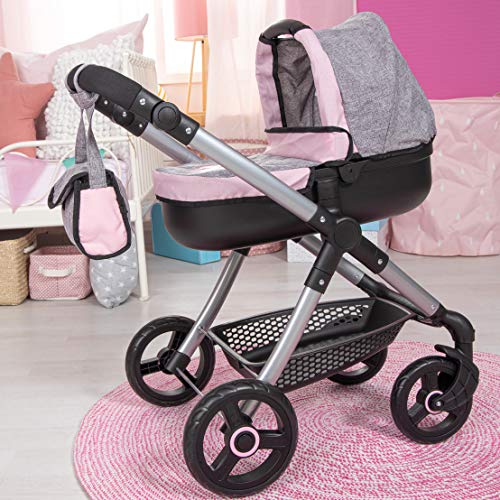 Bayer Design- Cochecito Style con Bolso Cambiador, Carrito Paseo Para Muñecos, Convertible, Plegable, Compatible con Silla de Coche Easygo, Color Vaqueros Grises y Rosas con Mariposa (12633Aa)