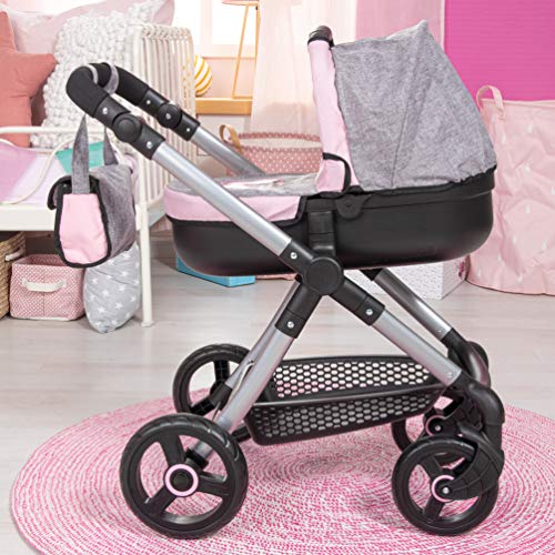 Bayer Design- Cochecito Style con Bolso Cambiador, Carrito Paseo Para Muñecos, Convertible, Plegable, Compatible con Silla de Coche Easygo, Color Vaqueros Grises y Rosas con Mariposa (12633Aa)