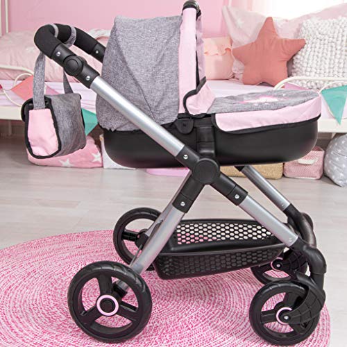 Bayer Design- Cochecito Style con Bolso Cambiador, Carrito Paseo Para Muñecos, Convertible, Plegable, Compatible con Silla de Coche Easygo, Color Vaqueros Grises y Rosas con Mariposa (12633Aa)